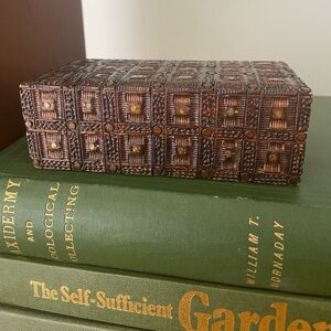 Polish Wooden Carved Box with Brass Inlay Hinged Lid Made in Poland Trinket